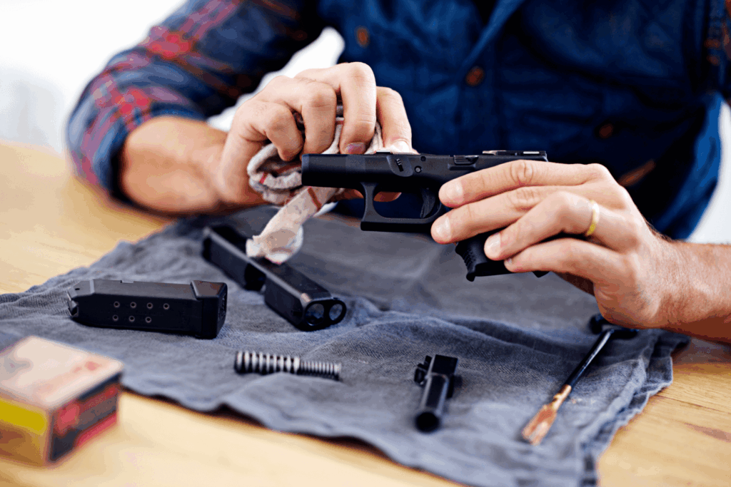 Man cleaning a disassembled firearm on a table