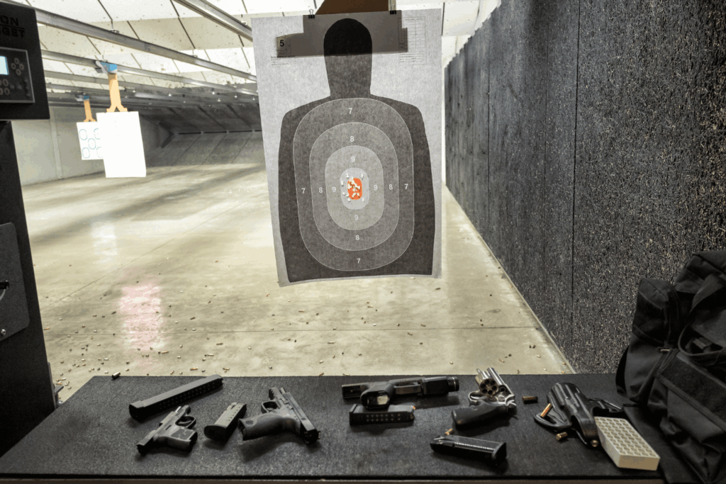 an indoor shooting range booth showing paper targets and a variety of weapons on a table