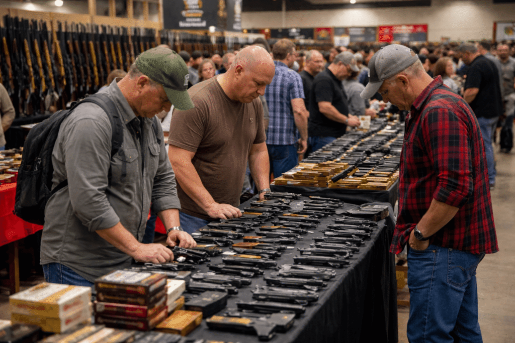 men browsing vendor tables at a gun show