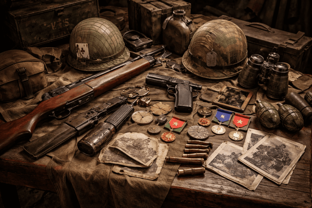 A variety of military artifacts sitting on a table