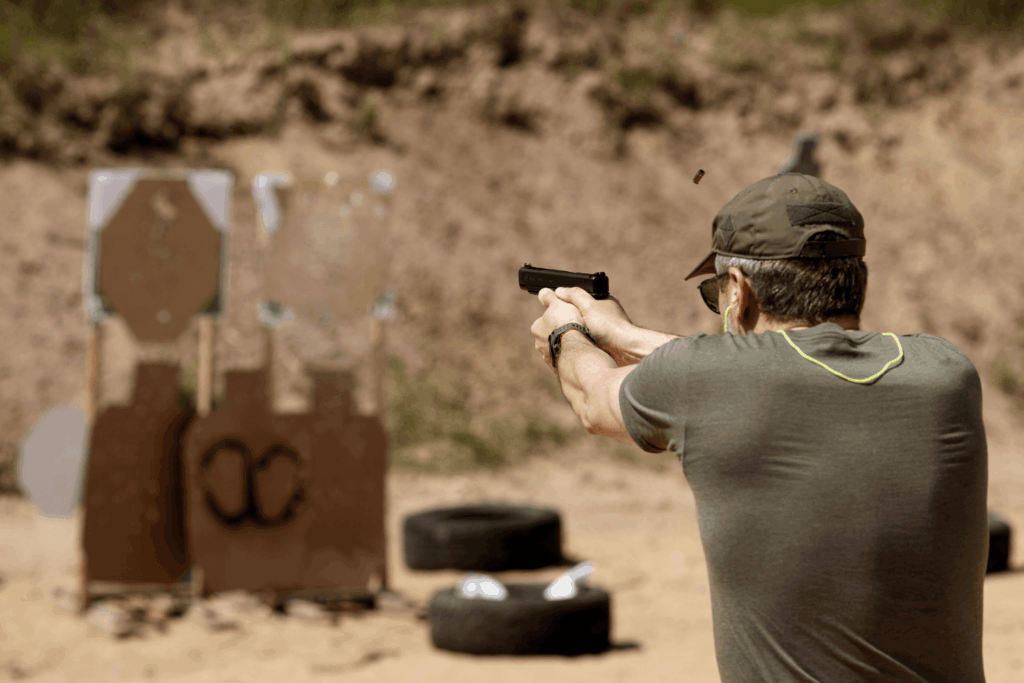 behind the back view of a man firing a pistol at an outdoor shooting range