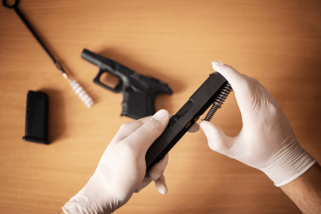 hands wearing white gloves holding a slide of a pistol while cleaning it
