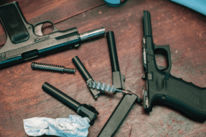 two disassembled firearms on a table