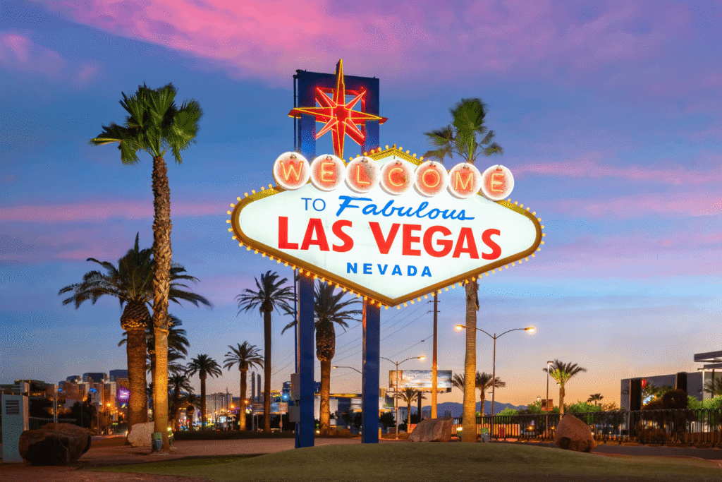 Welcome to Las Vegas sign in front of palm trees