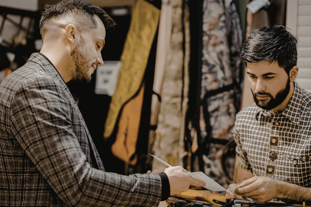 Gun show attendee showing a paper to a gun show vendor