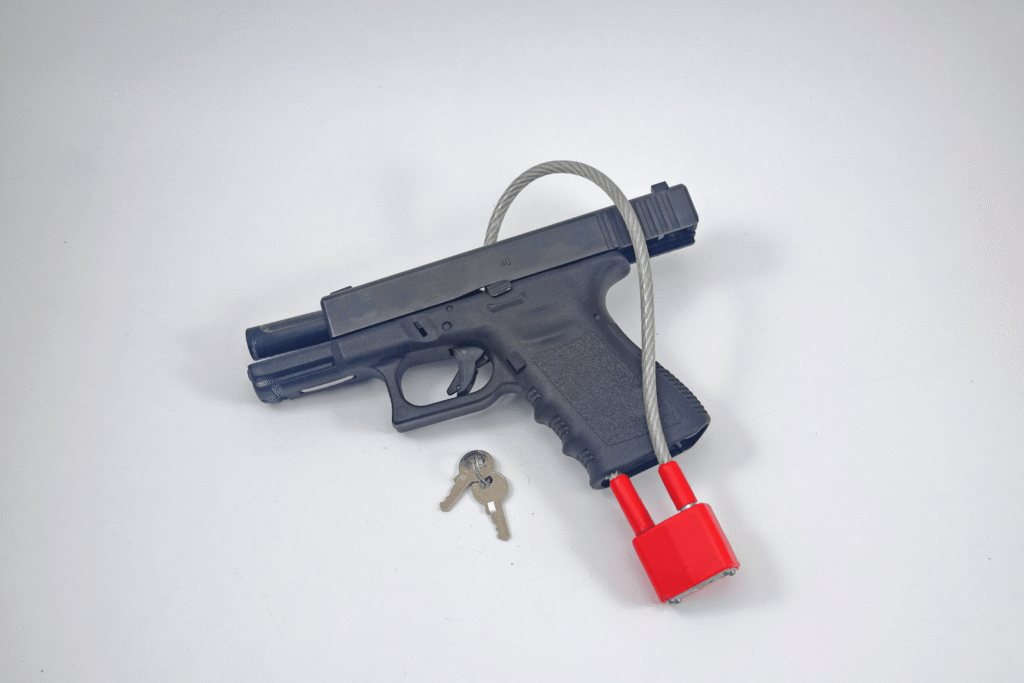 small black pistol with lock and key