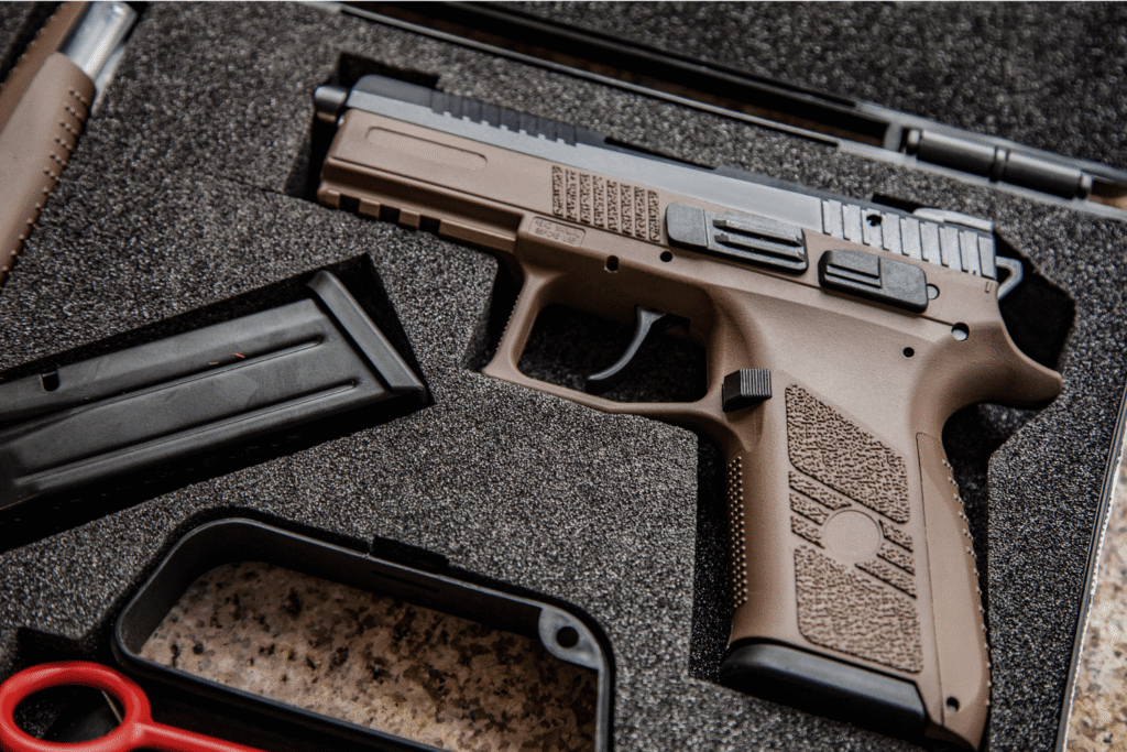 A small pistol and magazine are in an open firearm case