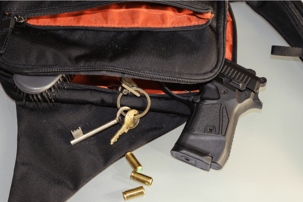 Black crossbody bag with a brush, keys, and a firearm poking out