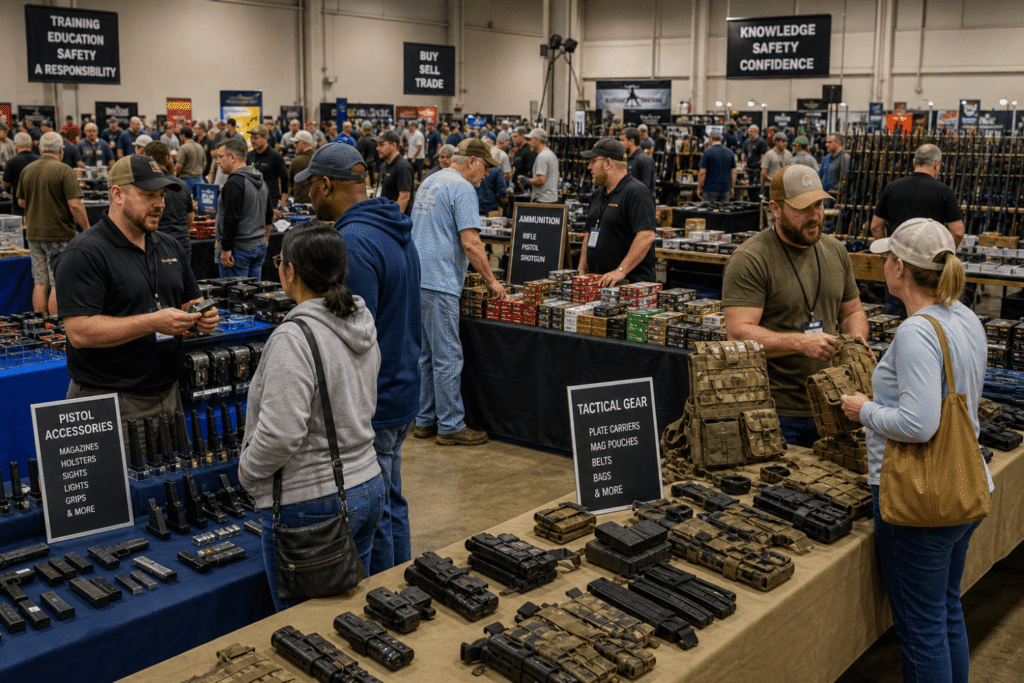 customers engaging with vendors at a gun show