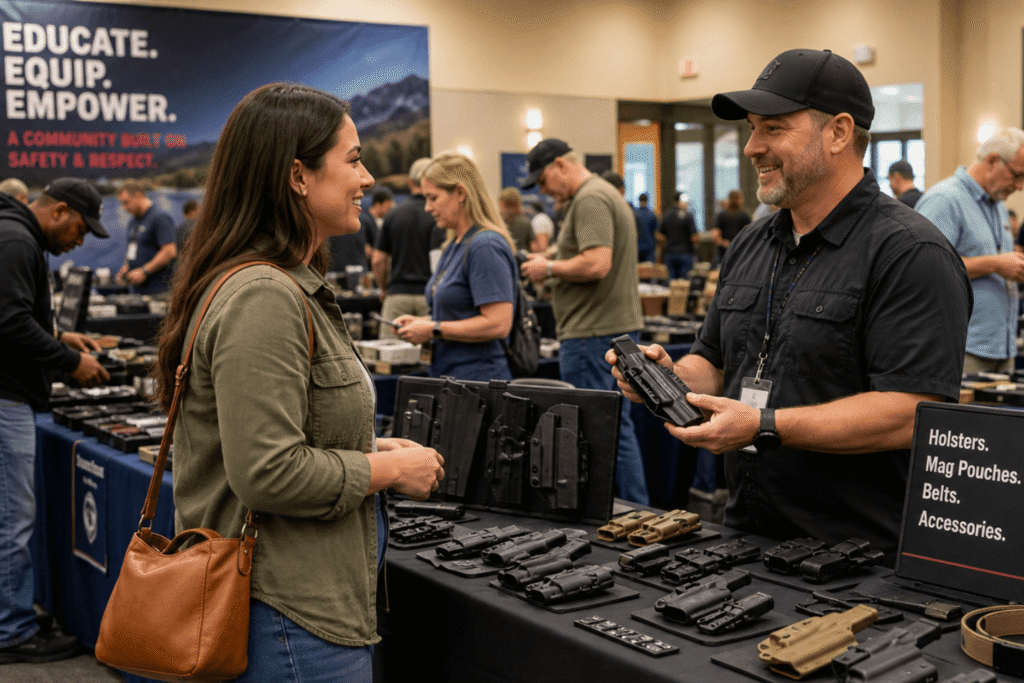 Woman speaking to a vendor behind a table at a gun show