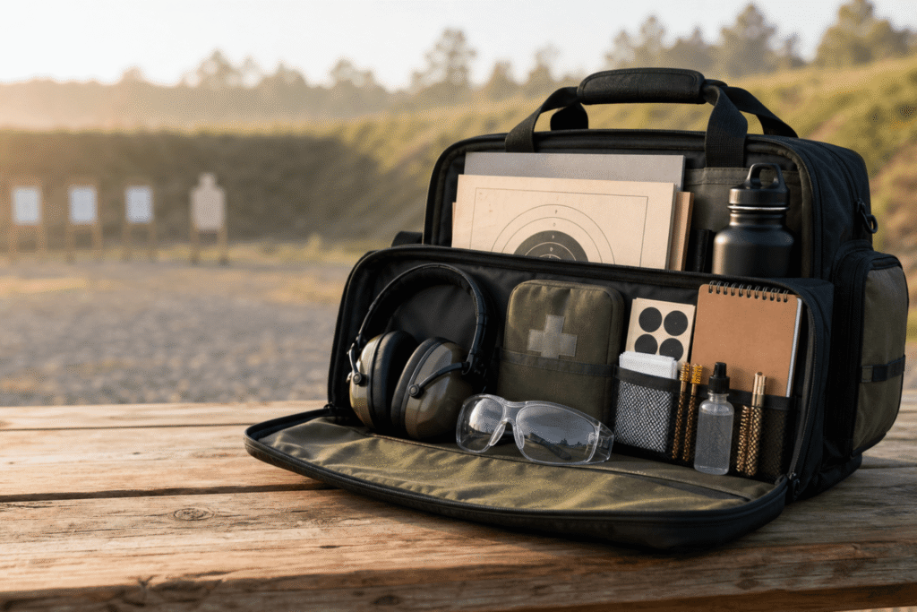 practical gun range bag on wood table