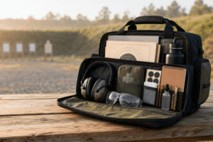 practical gun range bag on wood table